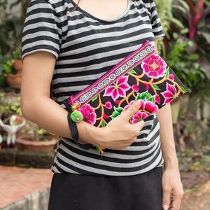 NWT Embroidered pink floral clutch